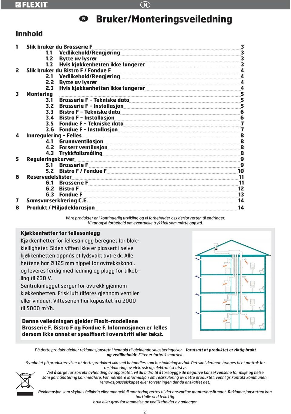 3 Bistro F - Tekniske data 6 3.4 Bistro F - Installasjon 6 3.5 Fondue F - Tekniske data 7 3.6 Fondue F - Installasjon 7 4 Innregulering - Felles 8 4.1 Grunnventilasjon 8 4.2 Forsert ventilasjon 8 4.