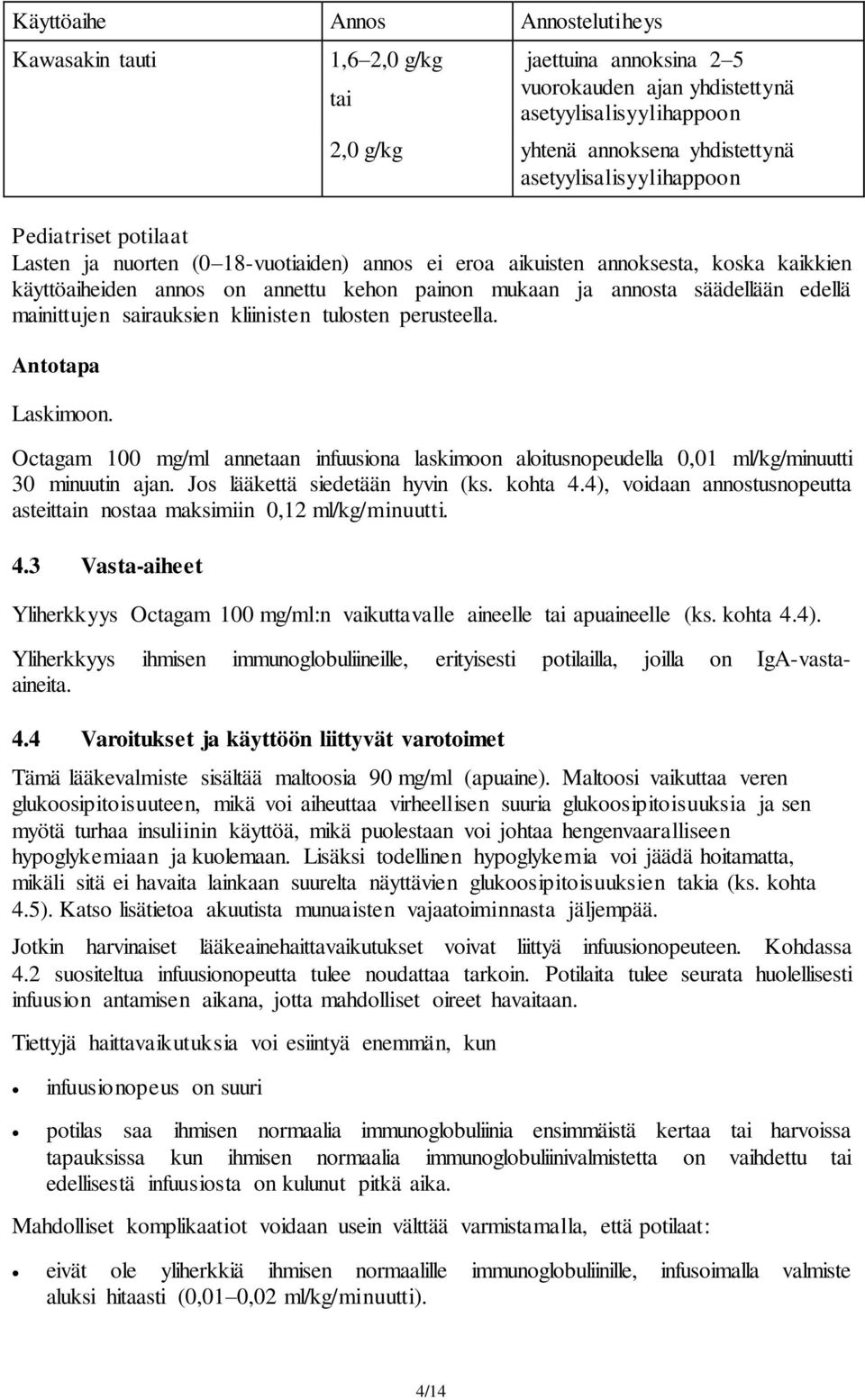 säädellään edellä mainittujen sairauksien kliinisten tulosten perusteella. Antotapa Laskimoon. Octagam 100 mg/ml annetaan infuusiona laskimoon aloitusnopeudella 0,01 ml/kg/minuutti 30 minuutin ajan.