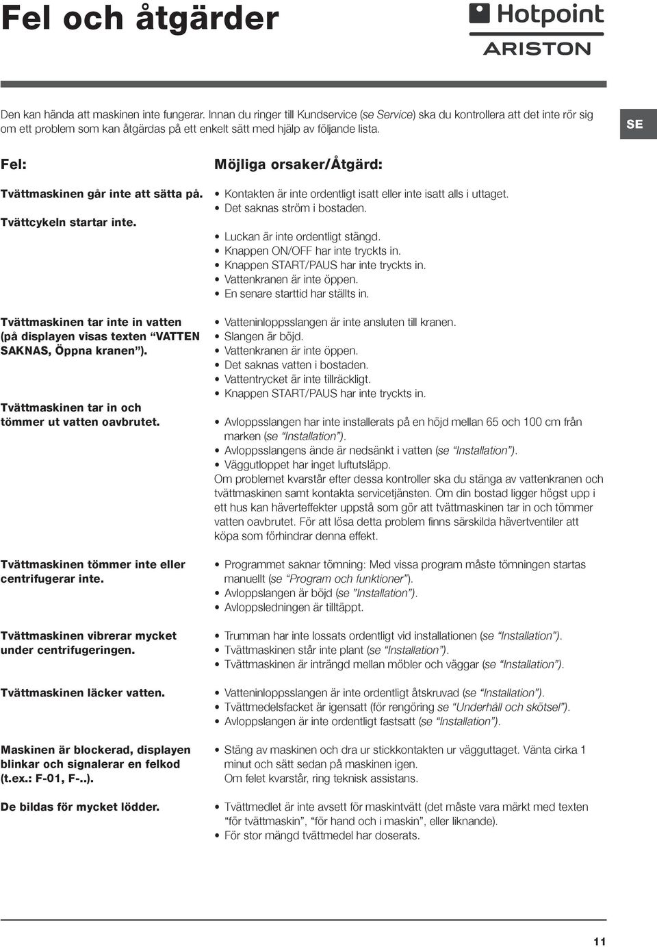 SE Fel: Tvättmaskinen går inte att sätta på. Tvättcykeln startar inte. Tvättmaskinen tar inte in vatten (på displayen visas texten VATTEN SAKNAS, Öppna kranen ).