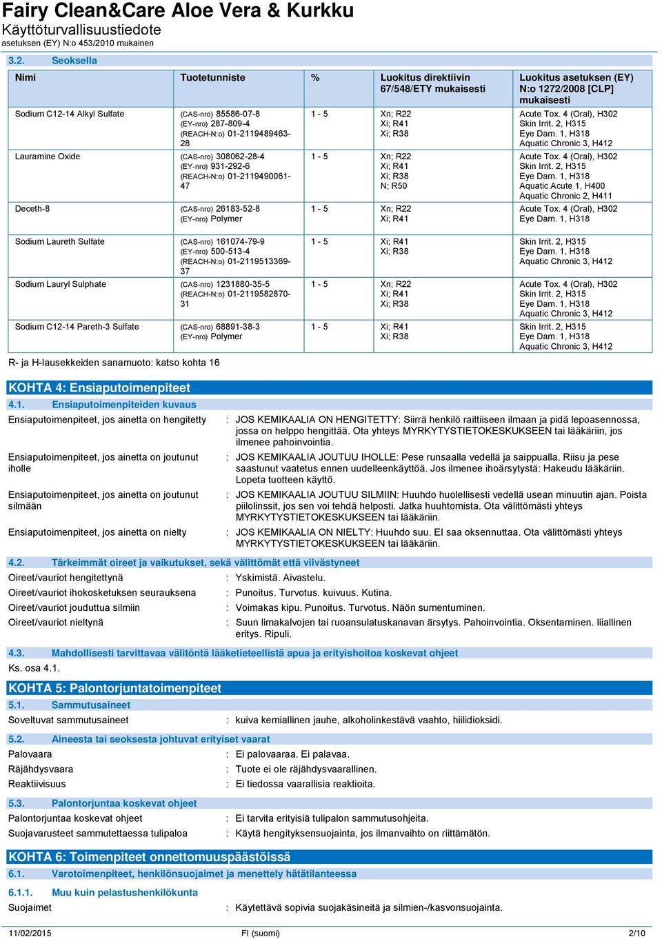 R41 Luokitus asetuksen (EY) N:o 1272/2008 [CLP] mukaisesti Acute Tox. 4 (Oral), H302 Skin Irrit. 2, H315 Aquatic Chronic 3, H412 Acute Tox. 4 (Oral), H302 Skin Irrit. 2, H315 Aquatic Acute 1, H400 Aquatic Chronic 2, H411 Acute Tox.