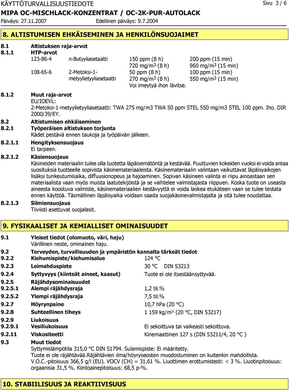 1 HTP-arvot 123-86-4 n-butyyliasetaatti 150 ppm (8 h) 200 ppm (15 min) 720 mg/m 3 (8 h) 960 mg/m 3 (15 min) 108-65-6 2-Metoksi-1-50 ppm (8 h) 100 ppm (15 min) metyylietyyliasetaatti 270 mg/m 3 (8 h)