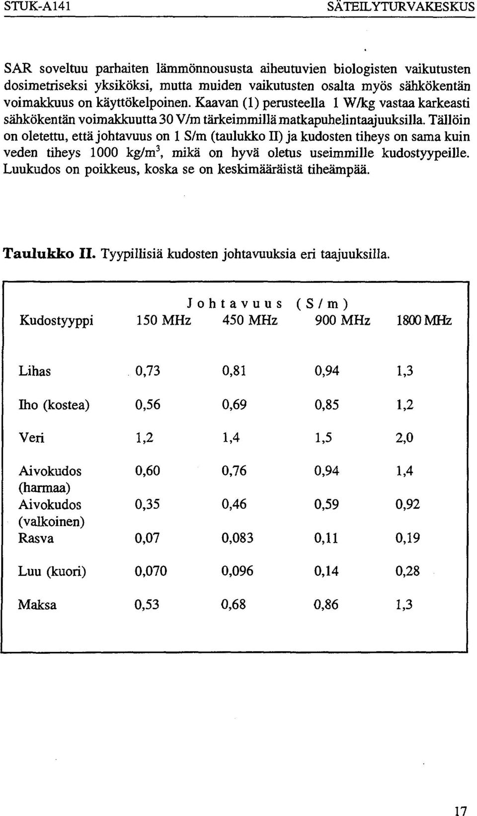 Tällöin on oletettu, että johtavuus on 1 S/m (taulukko II) ja kudosten tiheys on sama kuin veden tiheys 1000 kg/m 3, mikä on hyvä oletus useimmille kudostyypeille.