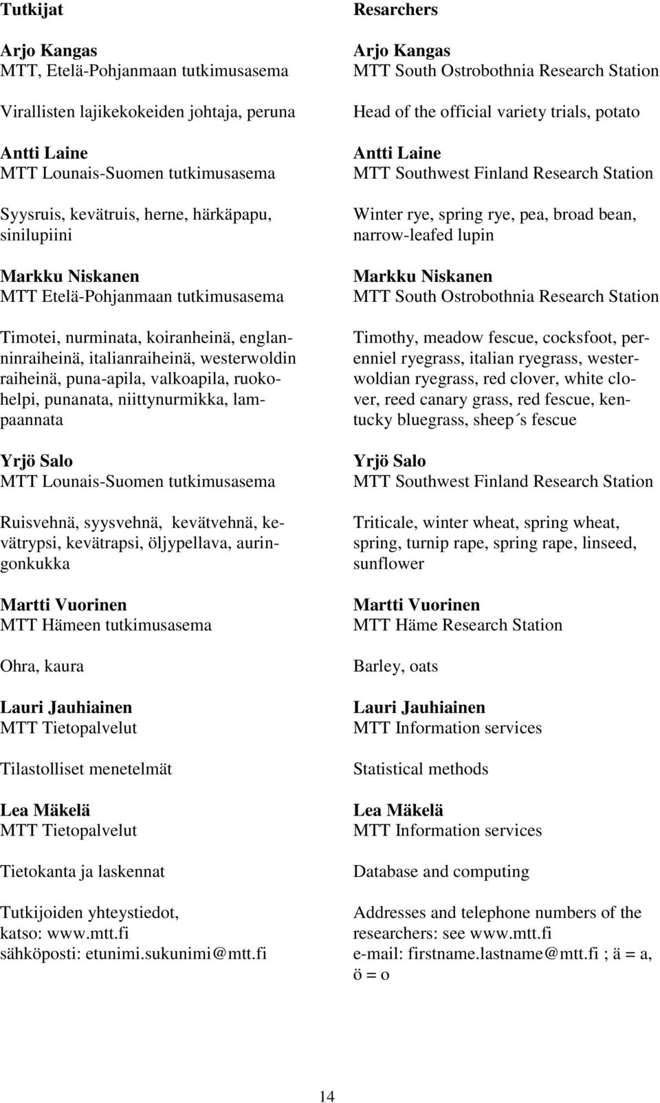 niittynurmikka, lampaannata Yrjö Salo MTT Lounais-Suomen tutkimusasema Ruisvehnä, syysvehnä, kevätvehnä, kevätrypsi, kevätrapsi, öljypellava, auringonkukka Martti Vuorinen MTT Hämeen tutkimusasema