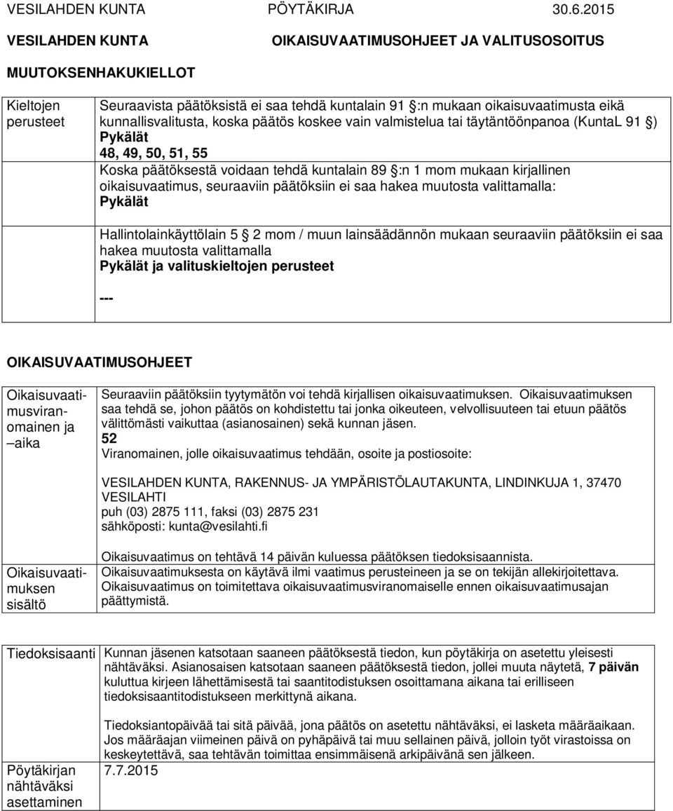 kunnallisvalitusta, koska päätös koskee vain valmistelua tai täytäntöönpanoa (KuntaL 91 ) Pykälät 48, 49, 50, 51, 55 Koska päätöksestä voidaan tehdä kuntalain 89 :n 1 mom mukaan kirjallinen