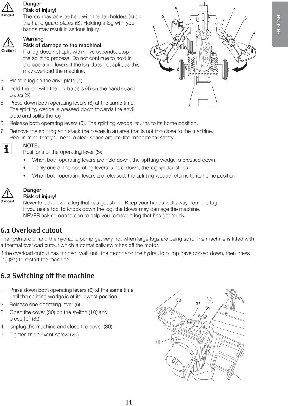 Place a log on the anvil plate (7). 4. Hold the log with the log holders (4) on the hand guard plates ().. Press down both operating levers (6) at the same time.