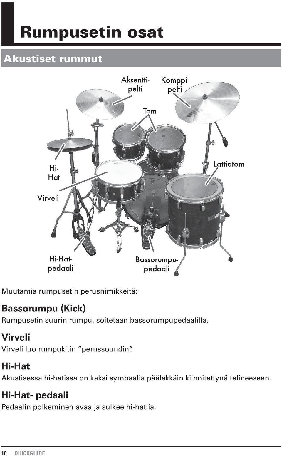 suurin rumpu, soitetaan bassorumpupedaalilla. Virveli Virveli luo rumpukitin perussoundin.