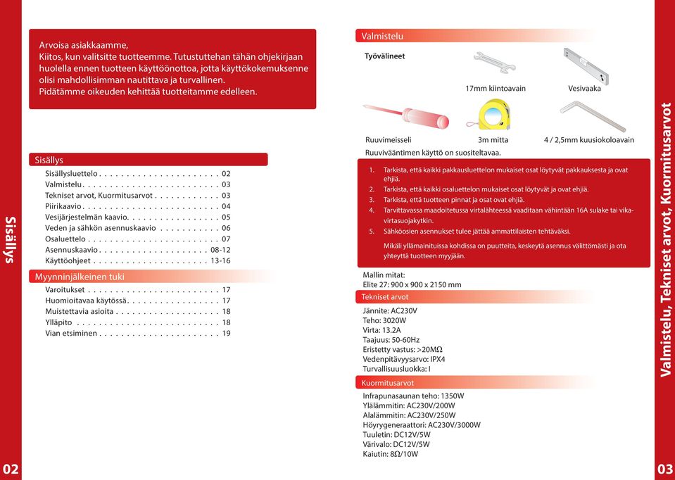 ........................ 03 Tekniset arvot, Kuormitusarvot............ 03 Piirikaavio......................... 04 Vesijärjestelmän kaavio................. 05 Veden ja sähkön asennuskaavio.