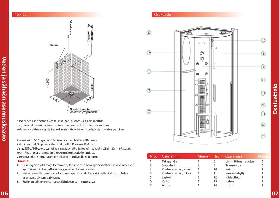 Korkeus 800 mm. Virta: 230V/50Hz yksivaiheinen maadoitettu järjestelmä. Vaatii vähintään 16A sulakkeen. Pistorasia sijoitetaan 2200 mm korkeudelle lattiasta.