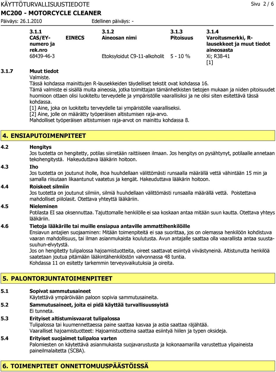 Tämä valmiste ei sisällä muita aineosia, jotka toimittajan tämänhetkisten tietojen mukaan ja niiden pitoisuudet huomioon ottaen olisi luokiteltu terveydelle ja ympäristölle vaarallisiksi ja ne olisi