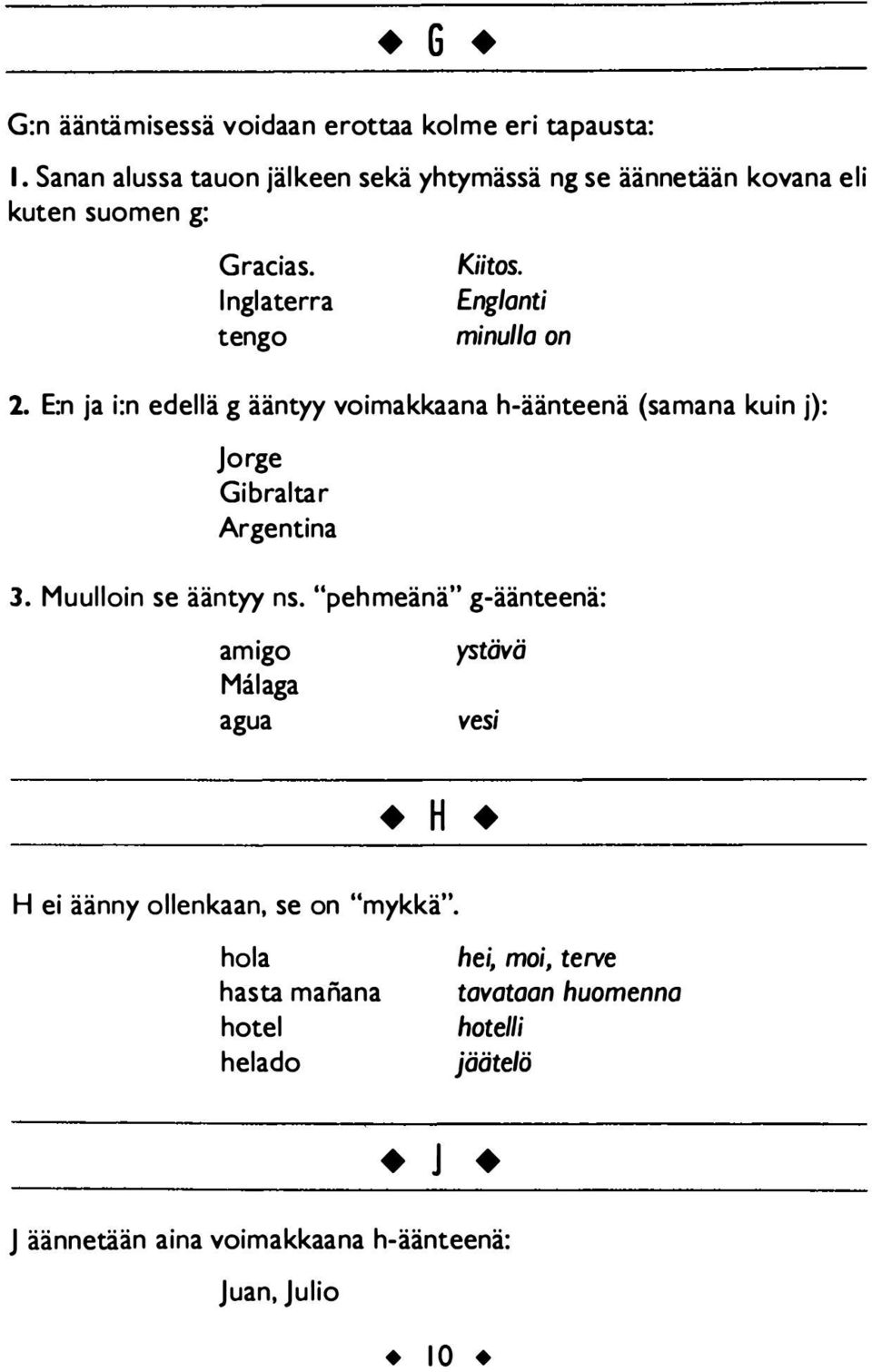 Englanti minulla on 2. E:n ja i:n edellä g ääntyy voimakkaana h-äänteenä (samana kuin j): Jorge Gibraltar Argentina 3.