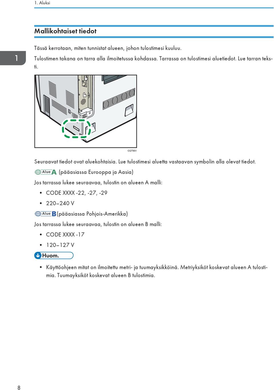 (pääasiassa Eurooppa ja Aasia) Jos tarrassa lukee seuraavaa, tulostin on alueen A malli: CODE XXXX -22, -27, -29 220 240 V (pääasiassa Pohjois-Amerikka) Jos tarrassa lukee
