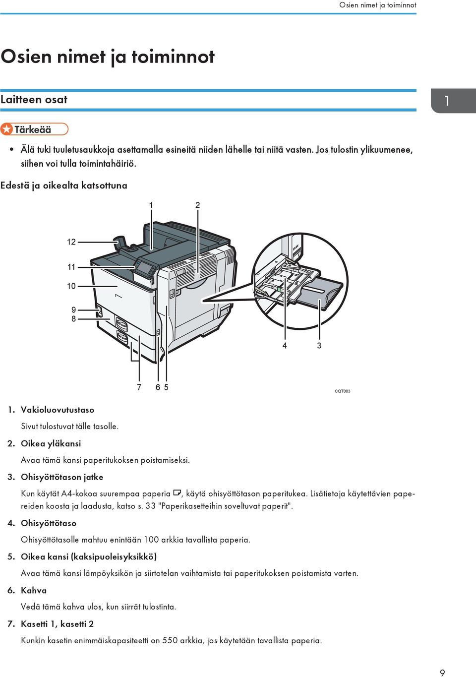 3. Ohisyöttötason jatke Kun käytät A4-kokoa suurempaa paperia, käytä ohisyöttötason paperitukea. Lisätietoja käytettävien papereiden koosta ja laadusta, katso s.