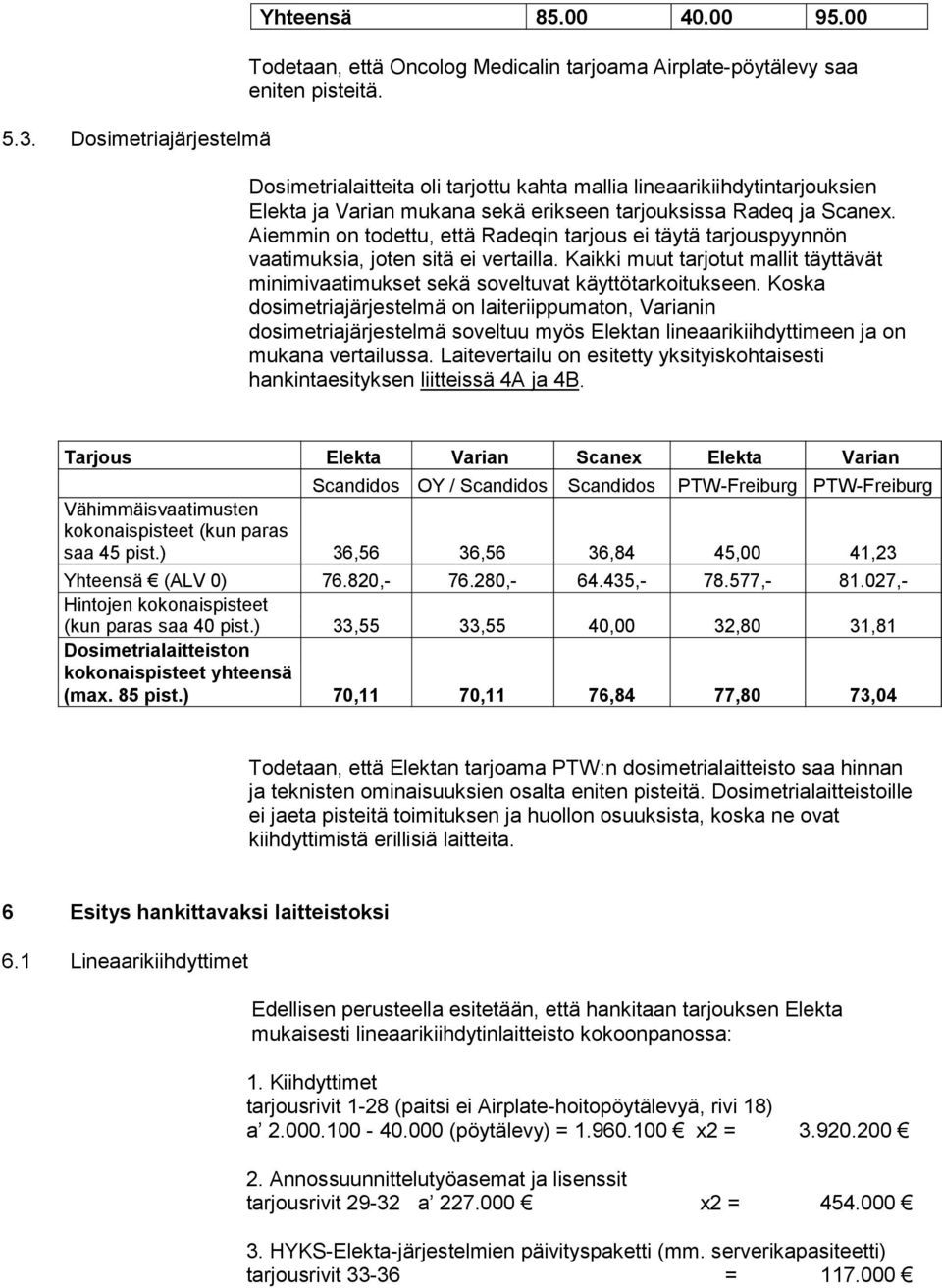 Aiemmin on todettu, että Radeqin tarjous ei täytä tarjouspyynnön vaatimuksia, joten sitä ei vertailla. Kaikki muut tarjotut mallit täyttävät minimivaatimukset sekä soveltuvat käyttötarkoitukseen.