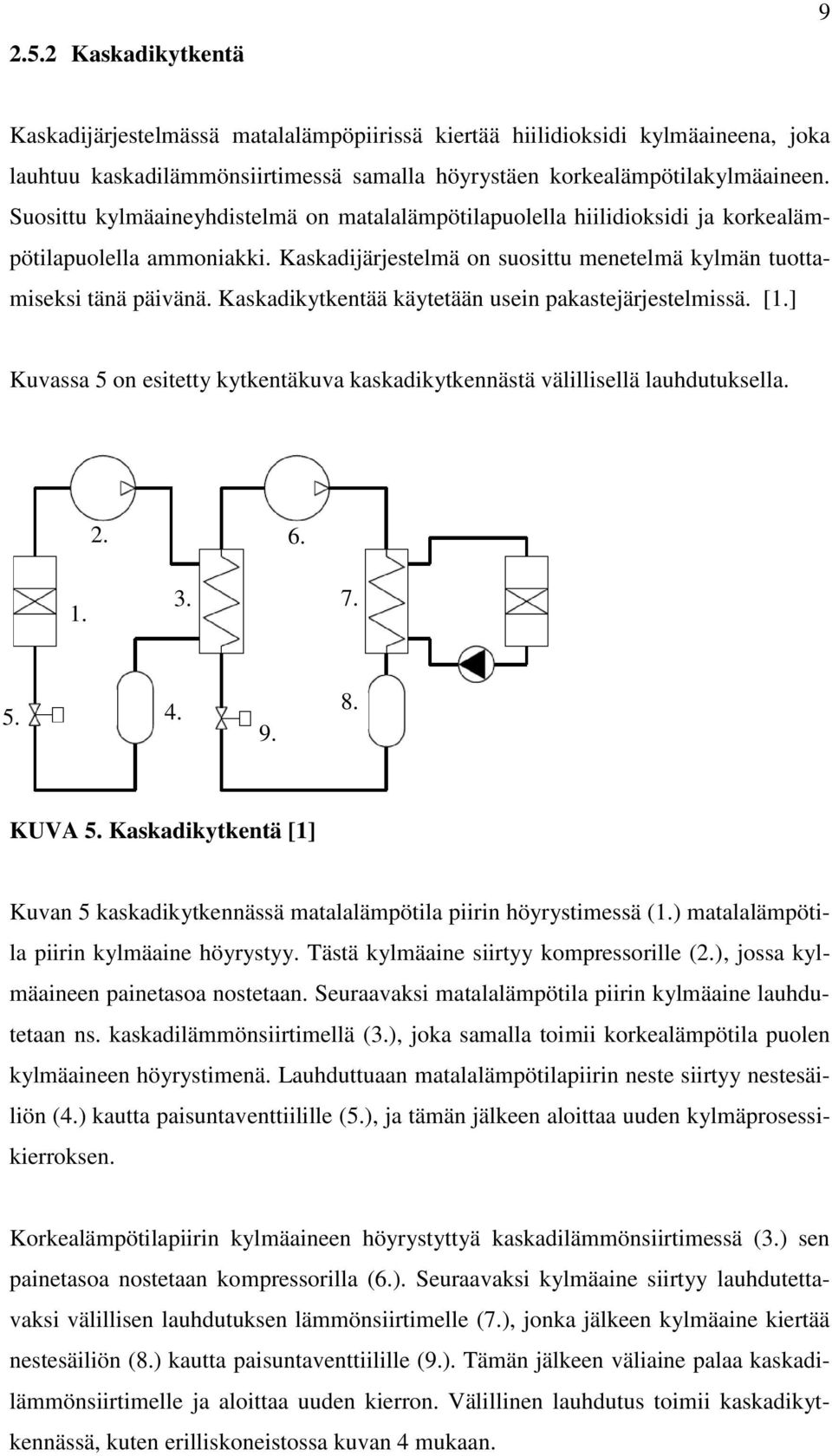 Kaskadikytkentää käytetään usein pakastejärjestelmissä. [1.] Kuvassa 5 on esitetty kytkentäkuva kaskadikytkennästä välillisellä lauhdutuksella. 2. 6. 1. 3. 7. 5. 4. 9. 8. KUVA 5.