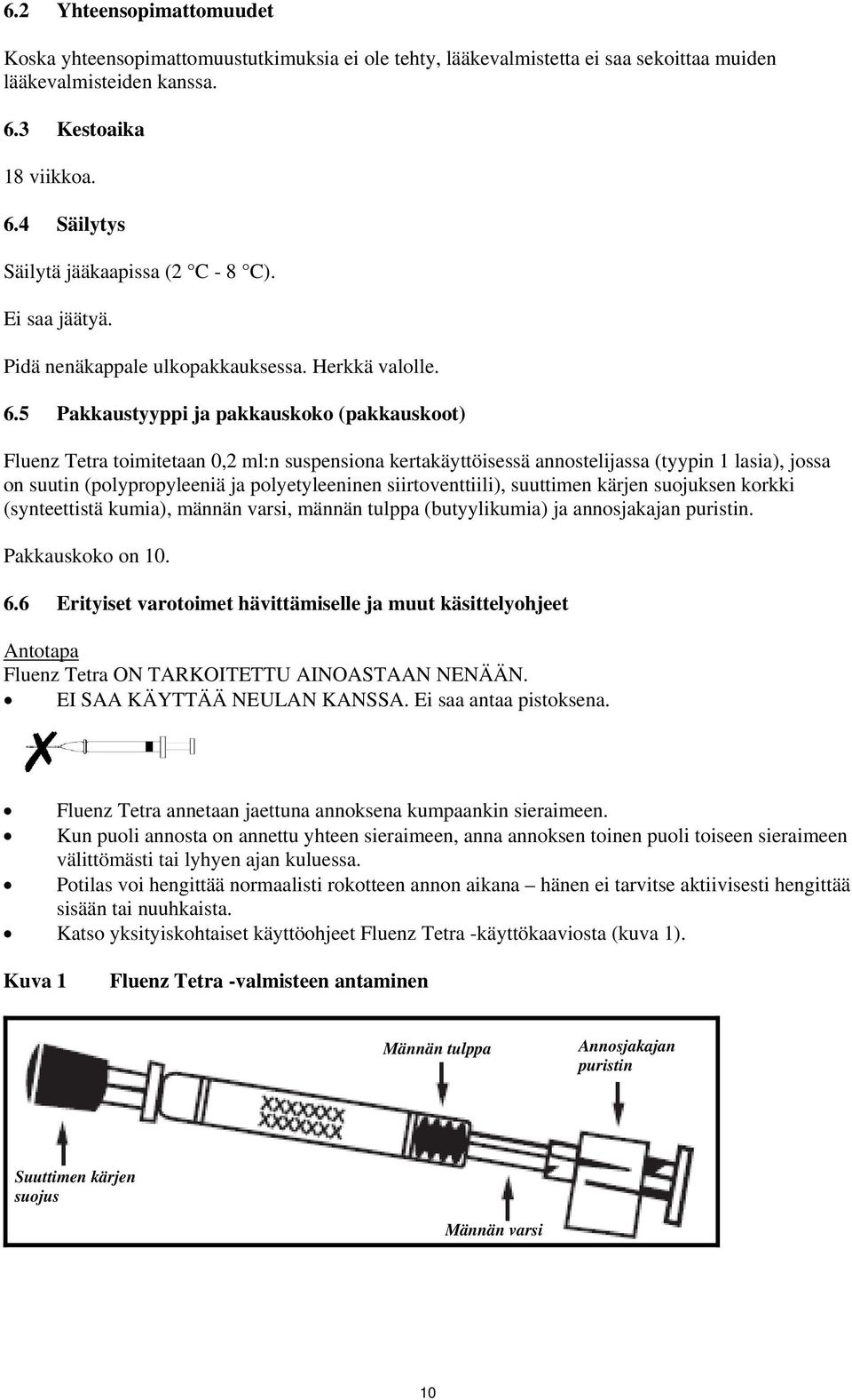 5 Pakkaustyyppi ja pakkauskoko (pakkauskoot) Fluenz Tetra toimitetaan 0,2 ml:n suspensiona kertakäyttöisessä annostelijassa (tyypin 1 lasia), jossa on suutin (polypropyleeniä ja polyetyleeninen