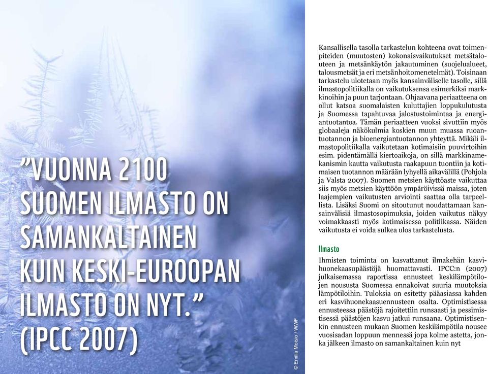 ja eri metsänhoitomenetelmät). Toisinaan tarkastelu ulotetaan myös kansainväliselle tasolle, sillä ilmastopolitiikalla on vaikutuksensa esimerkiksi markkinoihin ja puun tarjontaan.