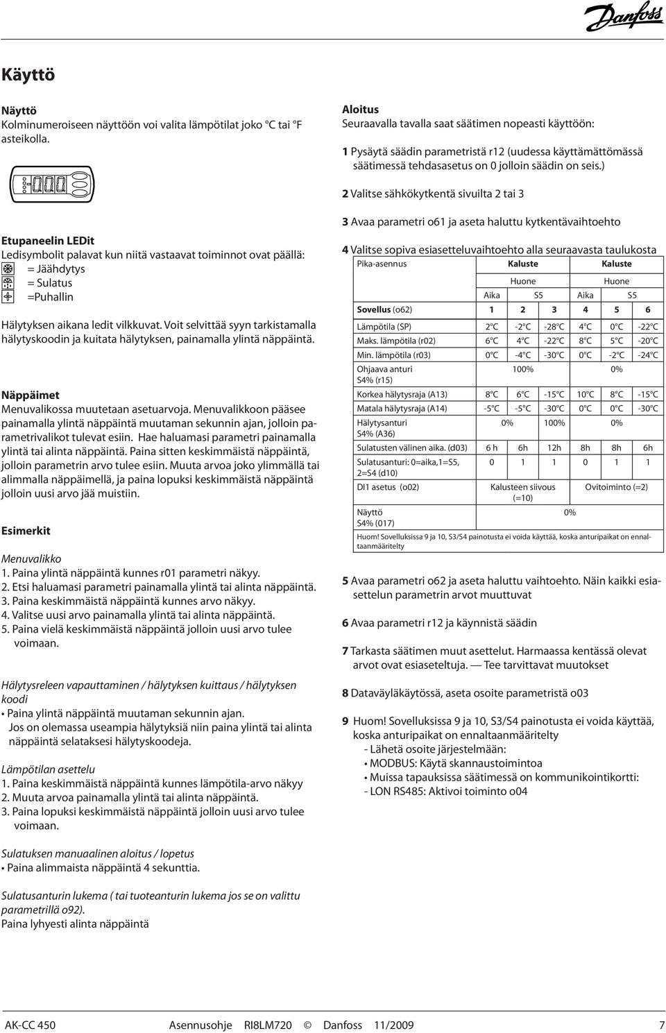 ) 2 Valitse sähkökytkentä sivuilta 2 tai 3 Etupaneelin LEDit Ledisymbolit palavat kun niitä vastaavat toiminnot ovat päällä: = Jäähdytys = Sulatus =Puhallin Hälytyksen aikana ledit vilkkuvat.