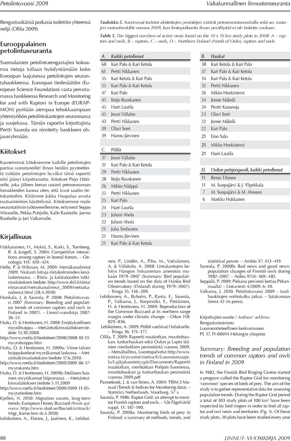 Euroopan tiedesäätiön (European Science Foundation) vasta perustamassa hankkeessa Research and Monitoring for and with Raptors in Europe (EURAP- MON) pyritään aiempaa tehokkaampaan yhteistyöhön