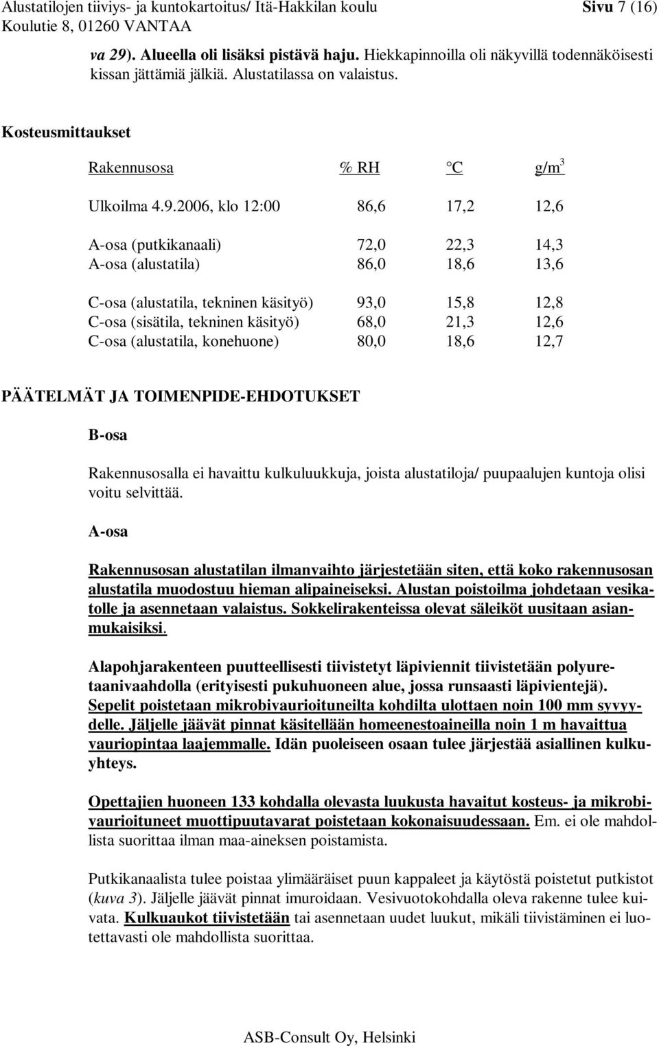 2006, klo 12:00 86,6 17,2 12,6 A-osa (putkikanaali) 72,0 22,3 14,3 A-osa (alustatila) 86,0 18,6 13,6 C-osa (alustatila, tekninen käsityö) 93,0 15,8 12,8 C-osa (sisätila, tekninen käsityö) 68,0 21,3