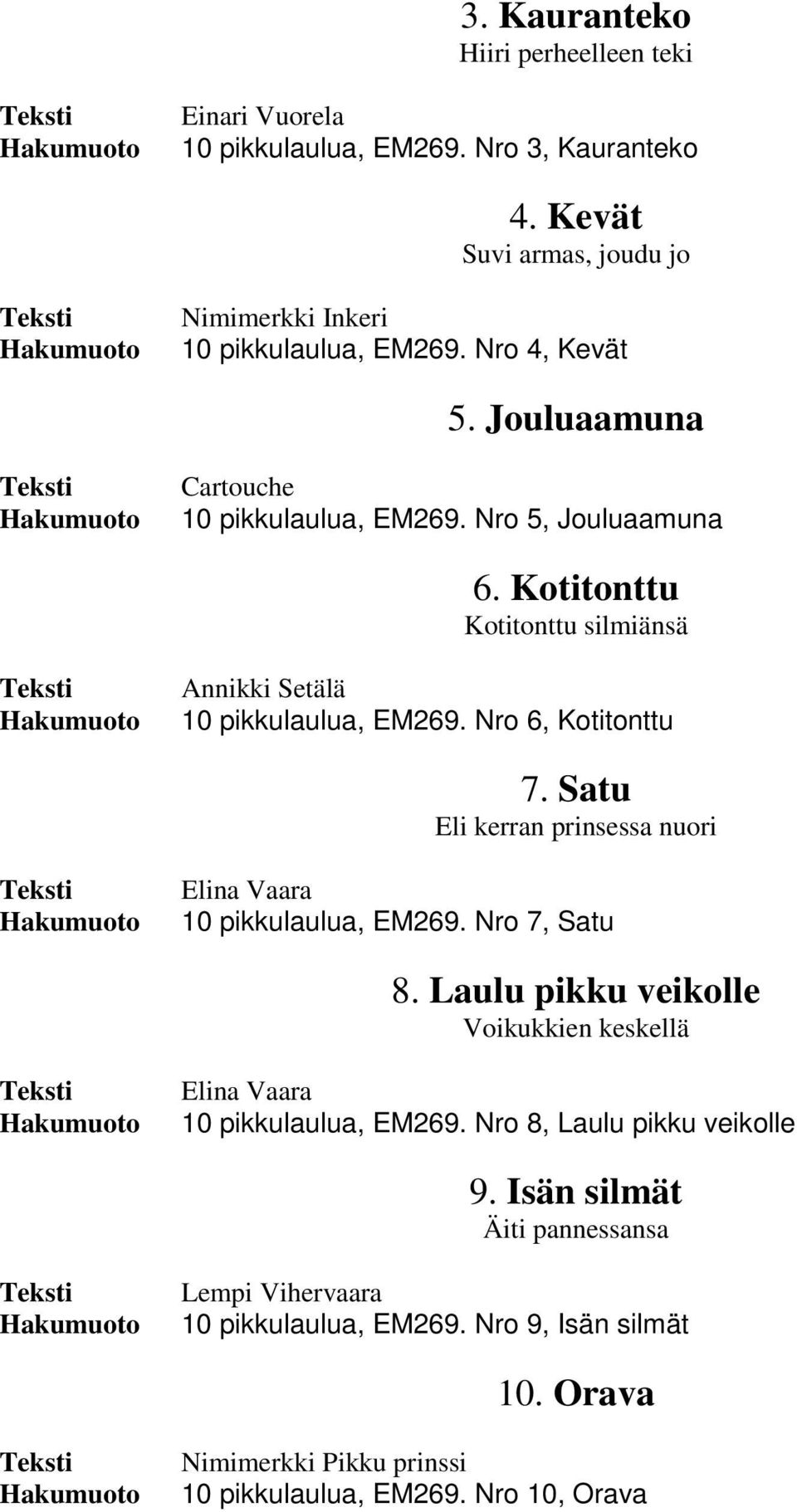 Nro 6, Kotitonttu 7. Satu Eli kerran prinsessa nuori Elina Vaara 10 pikkulaulua, EM269. Nro 7, Satu 8.