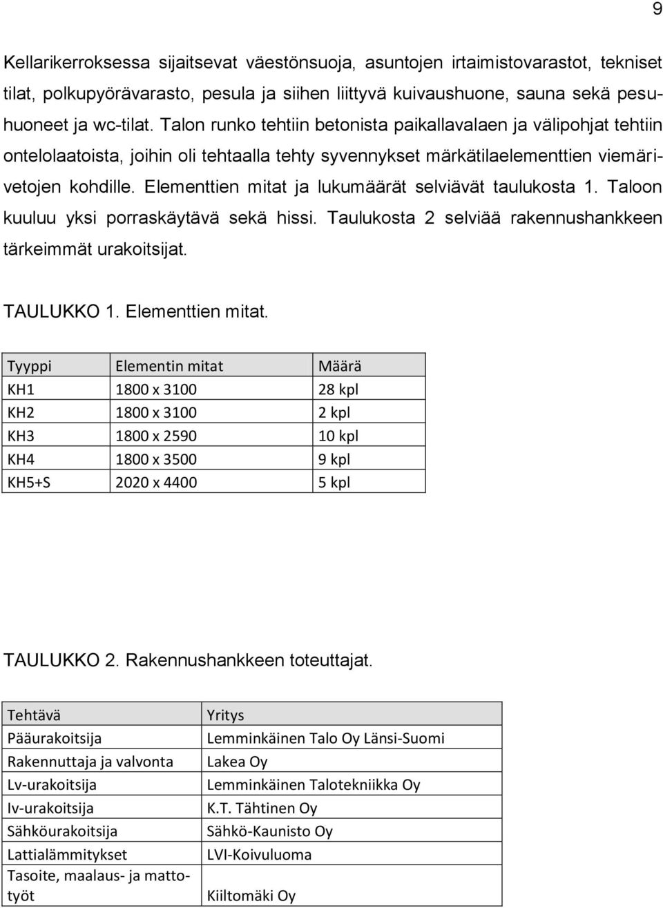 Elementtien mitat ja lukumäärät selviävät taulukosta 1. Taloon kuuluu yksi porraskäytävä sekä hissi. Taulukosta 2 selviää rakennushankkeen tärkeimmät urakoitsijat. TAULUKKO 1. Elementtien mitat.