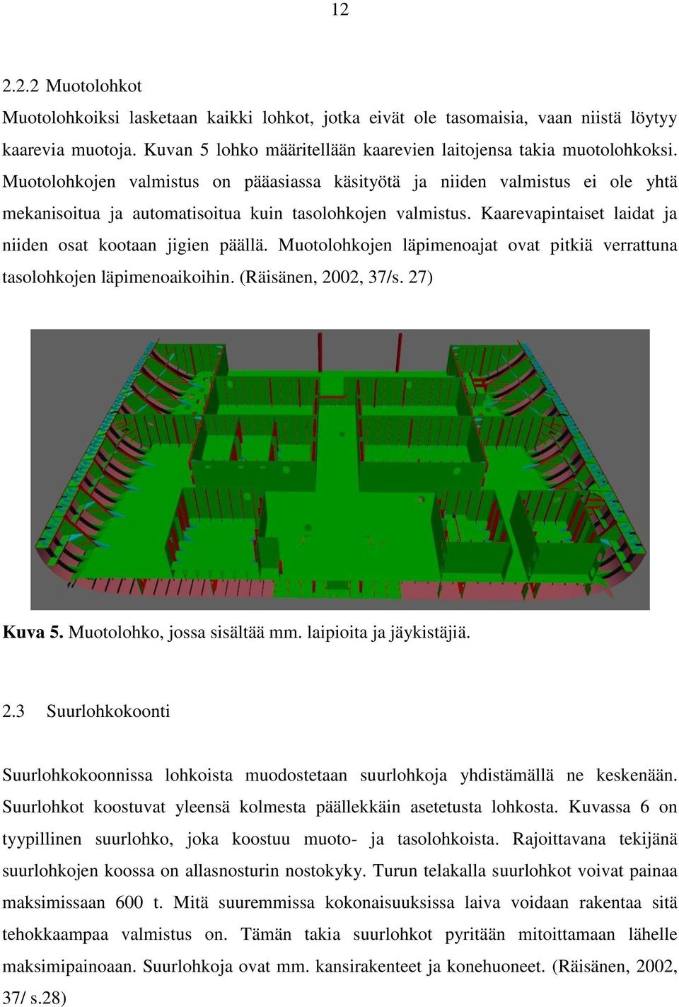 Kaarevapintaiset laidat ja niiden osat kootaan jigien päällä. Muotolohkojen läpimenoajat ovat pitkiä verrattuna tasolohkojen läpimenoaikoihin. (Räisänen, 2002, 37/s. 27) Kuva 5.