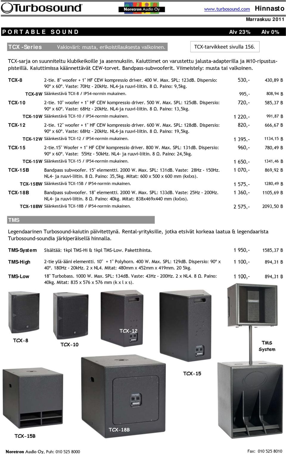 8" woofer + 1" HF CEW kompressio driver. 400 W. Max. SPL: 123dB. Dispersio: 530,- 430,89 B 90º x 60º. Vaste: 70Hz - 20kHz. NL4-ja ruuvi-liitin. 8 Ω. Paino: 9,5kg.