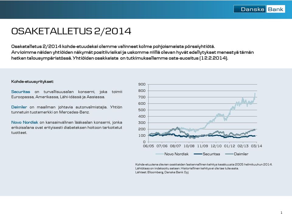 2.2014). Kohde-etuusyritykset: Securitas on turvallisuusalan konserni, joka toimii Euroopassa, Amerikassa, Lähi-idässä ja Aasiassa. Daimler on maailman johtavia autonvalmistajia.