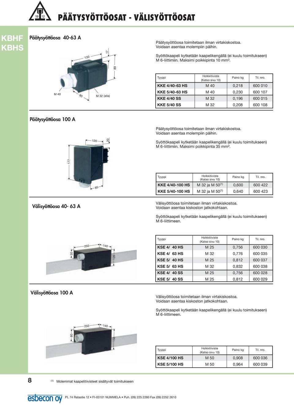 KKE 4/40-63 HS M 40 0,18 600 010 KKE 5/40-63 HS M 40 0,30 600 107 KKE 4/40 SS M 3 0,196 600 015 KKE 5/40 SS M 3 0,08 600 108 Päätysyöttöosa 100 A Päätysyöttöosa toimitetaan ilman virtakiskostoa.