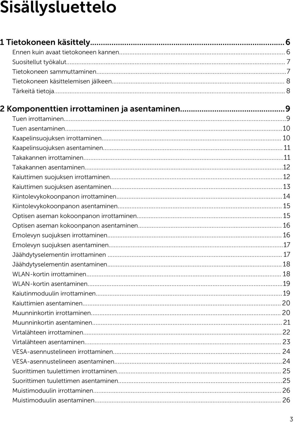 ..11 Takakannen asentaminen...12 Kaiuttimen suojuksen irrottaminen...12 Kaiuttimen suojuksen asentaminen... 13 Kiintolevykokoonpanon irrottaminen...14 Kiintolevykokoonpanon asentaminen.