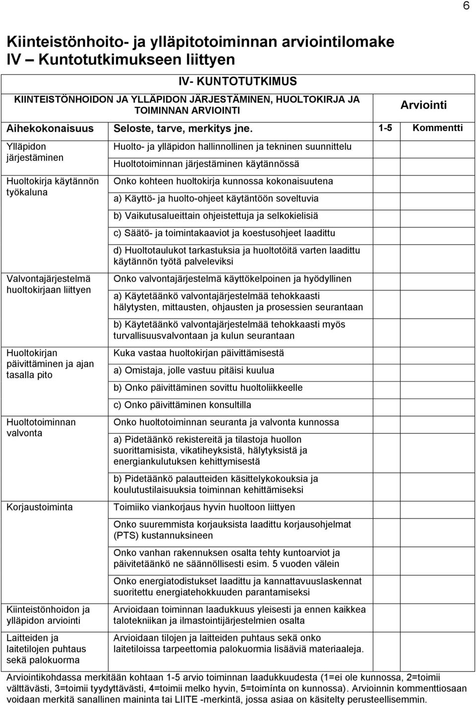 1-5 Kommentti Ylläpidon järjestäminen Huoltokirja käytännön työkaluna Valvontajärjestelmä huoltokirjaan liittyen Huoltokirjan päivittäminen ja ajan tasalla pito Huoltotoiminnan valvonta