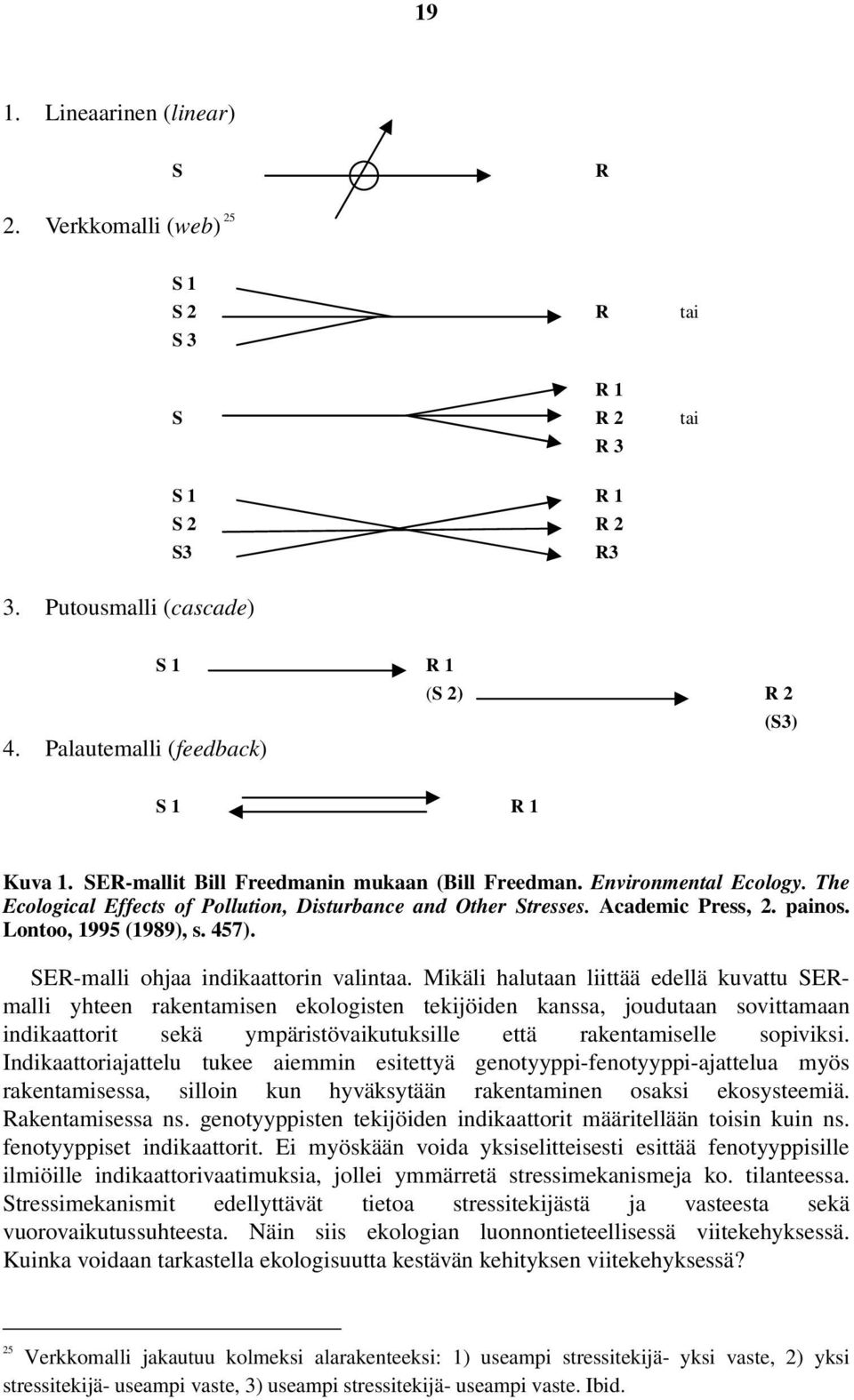 The Ecological Effects of Pollution, Disturbance and Other Stresses. Academic Press, 2. painos. Lontoo, 1995 (1989), s. 457). SER-malli ohjaa indikaattorin valintaa.