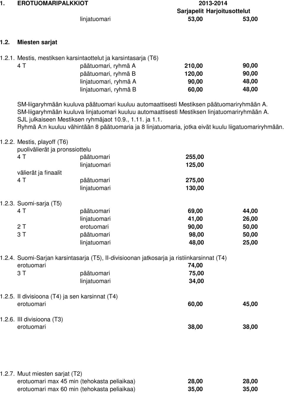 2.1. Mestis, mestiksen karsintaottelut ja karsintasarja (T6) 4 T päätuomari, ryhmä A 210,00 90,00 päätuomari, ryhmä B 120,00 90,00 linjatuomari, ryhmä A 90,00 48,00 linjatuomari, ryhmä B 60,00 48,00