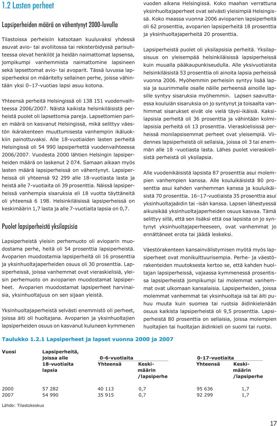 Tässä luvussa lapsiperheeksi on määritelty sellainen perhe, joissa vähintään yksi 17-vuotias lapsi asuu kotona. Yhteensä perheitä Helsingissä oli 138 151 vuodenvaihteessa 26/27.