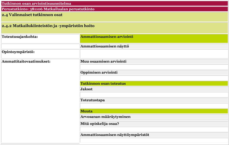 4 Valinnaiset tutkinnon osat 2.4.2 Matkailukiinteistön