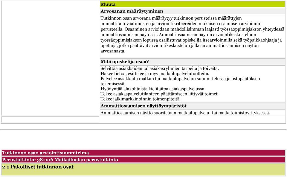 Ammattiosaamisen näytön arviointikeskusteluun työssäoppimisjakson lopussa osallistuvat opiskelija itsearvioinnilla sekä työpaikkaohjaaja ja opettaja, jotka päättävät arviointikeskustelun jälkeen