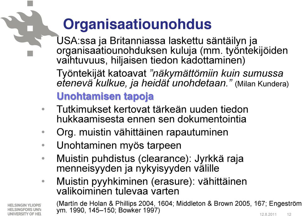 (Milan Kundera) Unohtamisen tapoja Tutkimukset kertovat tärkeän uuden tiedon hukkaamisesta ennen sen dokumentointia Org.