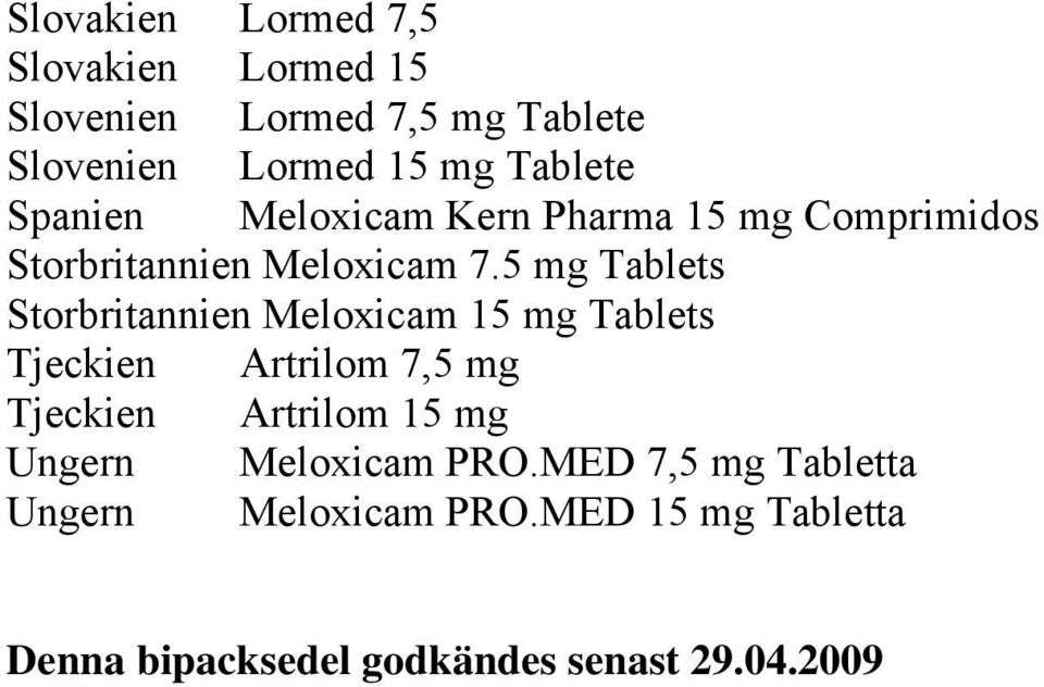 5 mg Tablets Storbritannien Meloxicam 15 mg Tablets Tjeckien Artrilom 7,5 mg Tjeckien Artrilom 15 mg