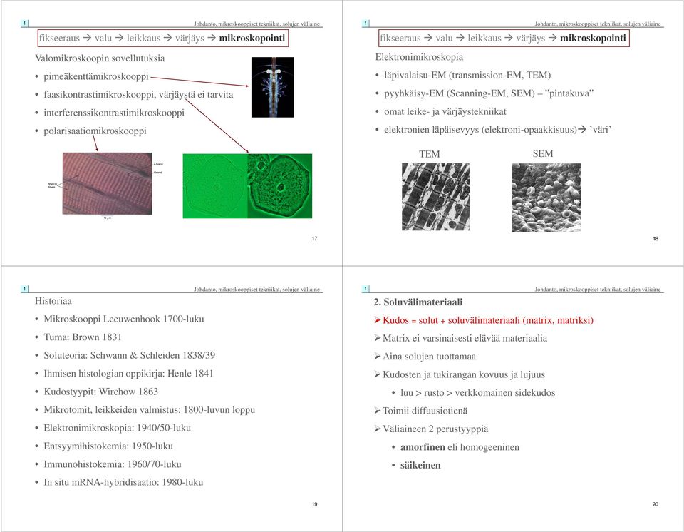 Soluvälimateriaali Mikroskooppi Leeuwenhook 700-luku Kudos = solut + soluvälimateriaali (matrix, matriksi) Tuma: Brown 83 Matrix ei varsinaisesti elävää materiaalia Soluteoria: Schwann & Schleiden