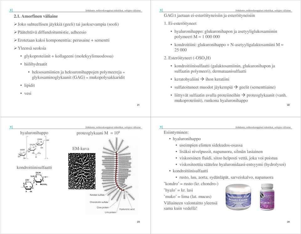 heksosamiinien ja heksuronihappojen polymeereja = glykosaminoglykaanit (GAG) = mukopolysakkaridit 2 hyaluronihappo: glukuronihapon ja asetyyliglukosamiinin polymeeri M 000 000 kondroitiini: