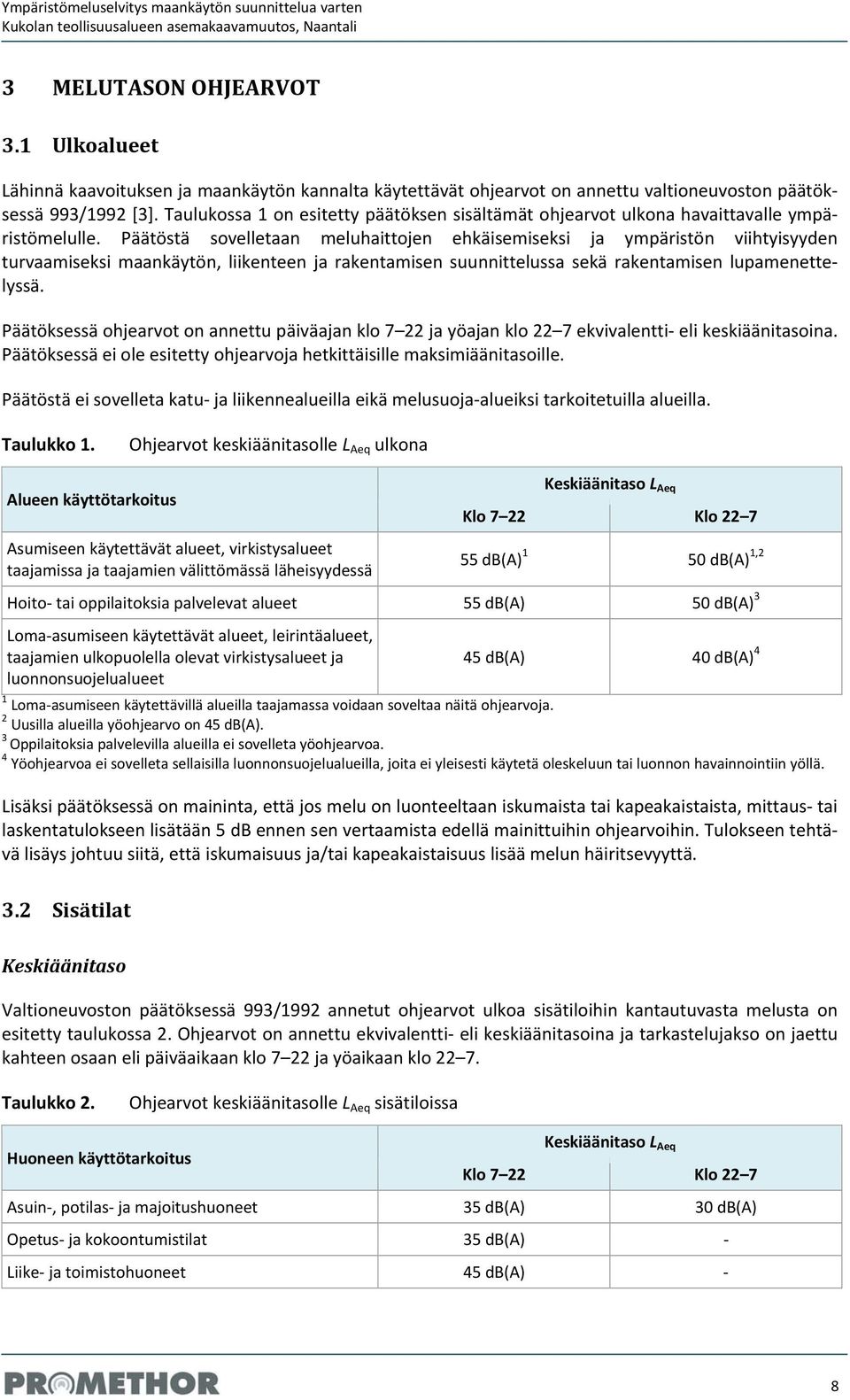 aulukossa 1 on esitetty päätöksen sisältämät ohjearvot ulkona havaittavalle ympäristömelulle.