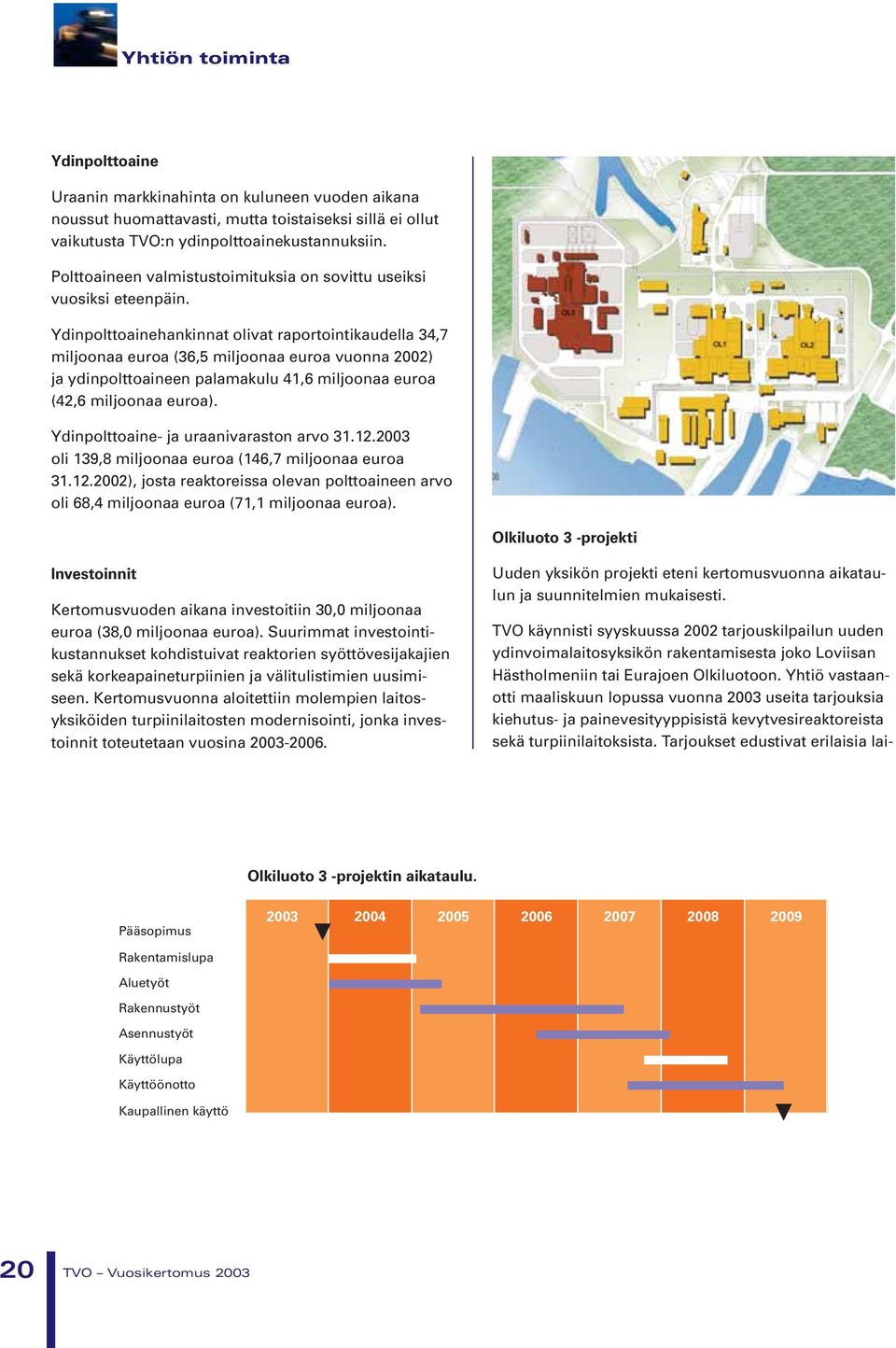 Ydinpolttoainehankinnat olivat raportointikaudella 34,7 miljoonaa euroa (36,5 miljoonaa euroa vuonna 2002) ja ydinpolttoaineen palamakulu 41,6 miljoonaa euroa (42,6 miljoonaa euroa).