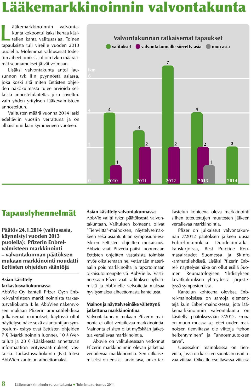 Lisäksi valvontakunta antoi lausunnon tvk II:n pyynnöstä asiassa, joka koski sitä miten Eettisten ohjeiden näkökulmasta tulee arvioida sellaista annostelulaitetta, joka soveltuu vain yhden yrityksen