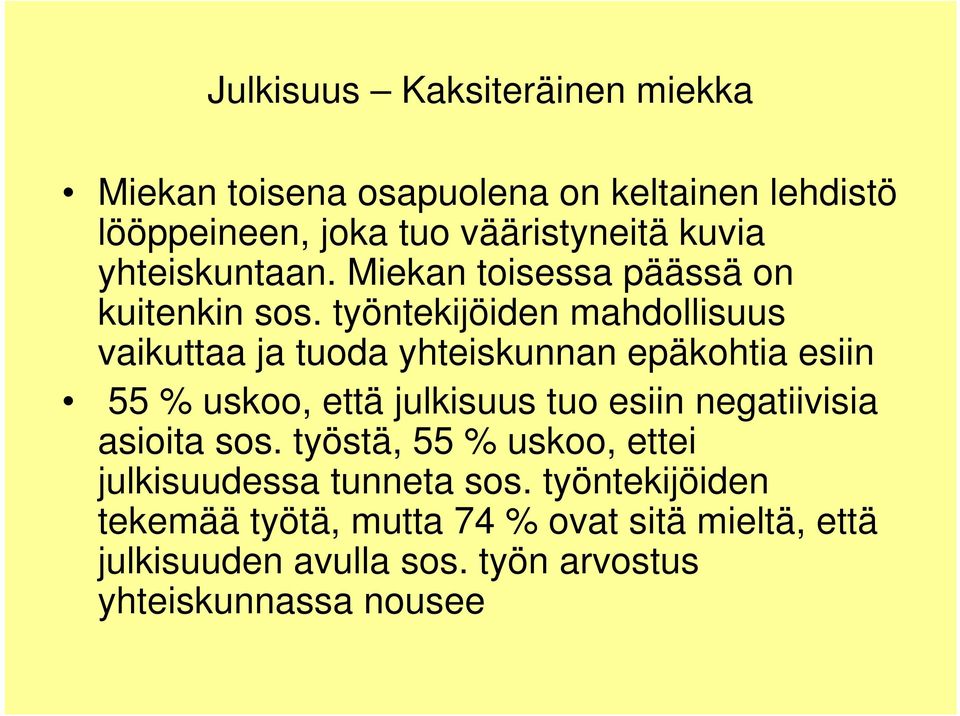työntekijöiden mahdollisuus vaikuttaa ja tuoda yhteiskunnan epäkohtia esiin 55 % uskoo, että julkisuus tuo esiin
