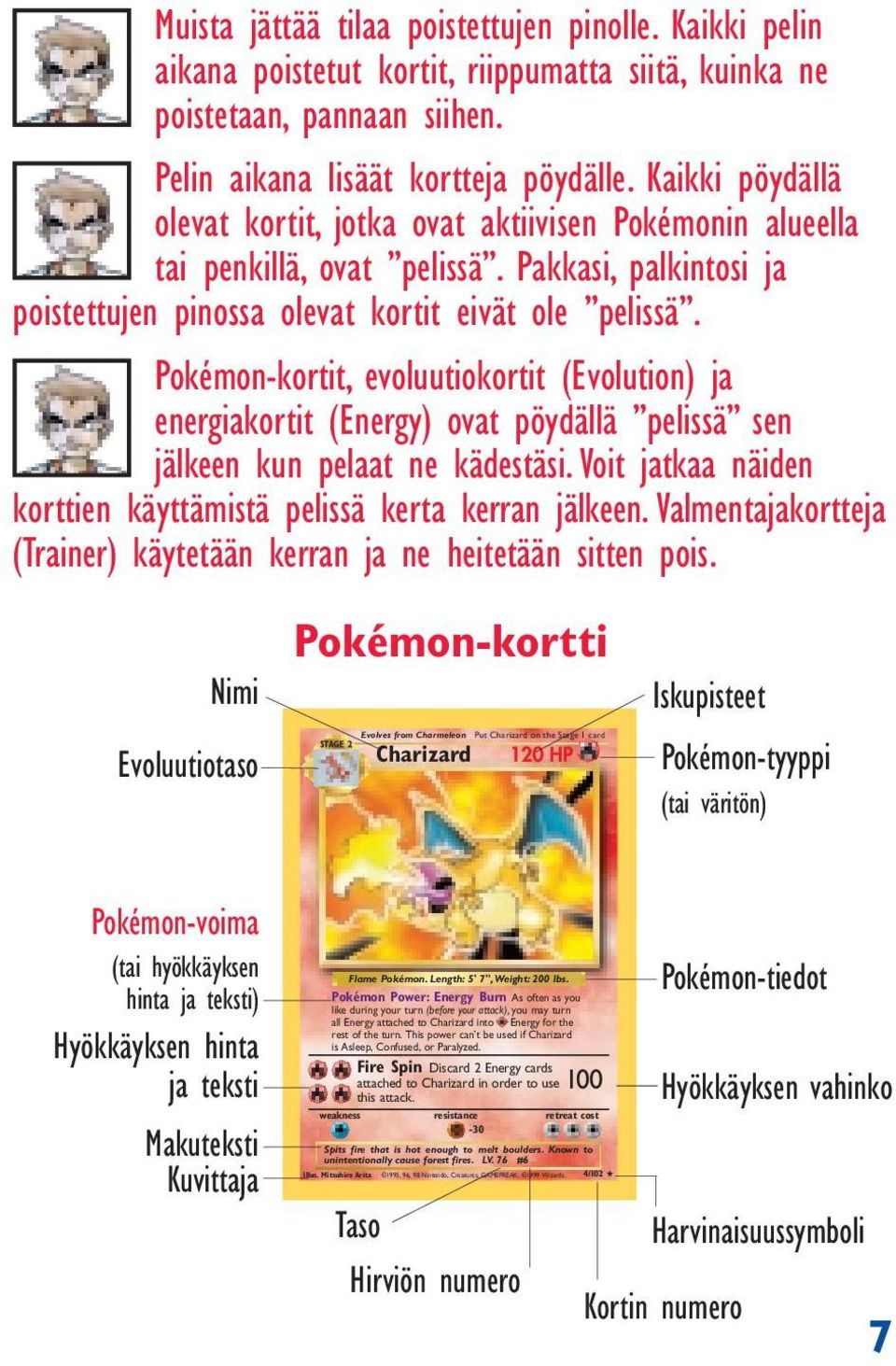 Pokémon-kortit, evoluutiokortit (Evolution) ja energiakortit (Energy) ovat pöydällä pelissä sen jälkeen kun pelaat ne kädestäsi. Voit jatkaa näiden korttien käyttämistä pelissä kerta kerran jälkeen.