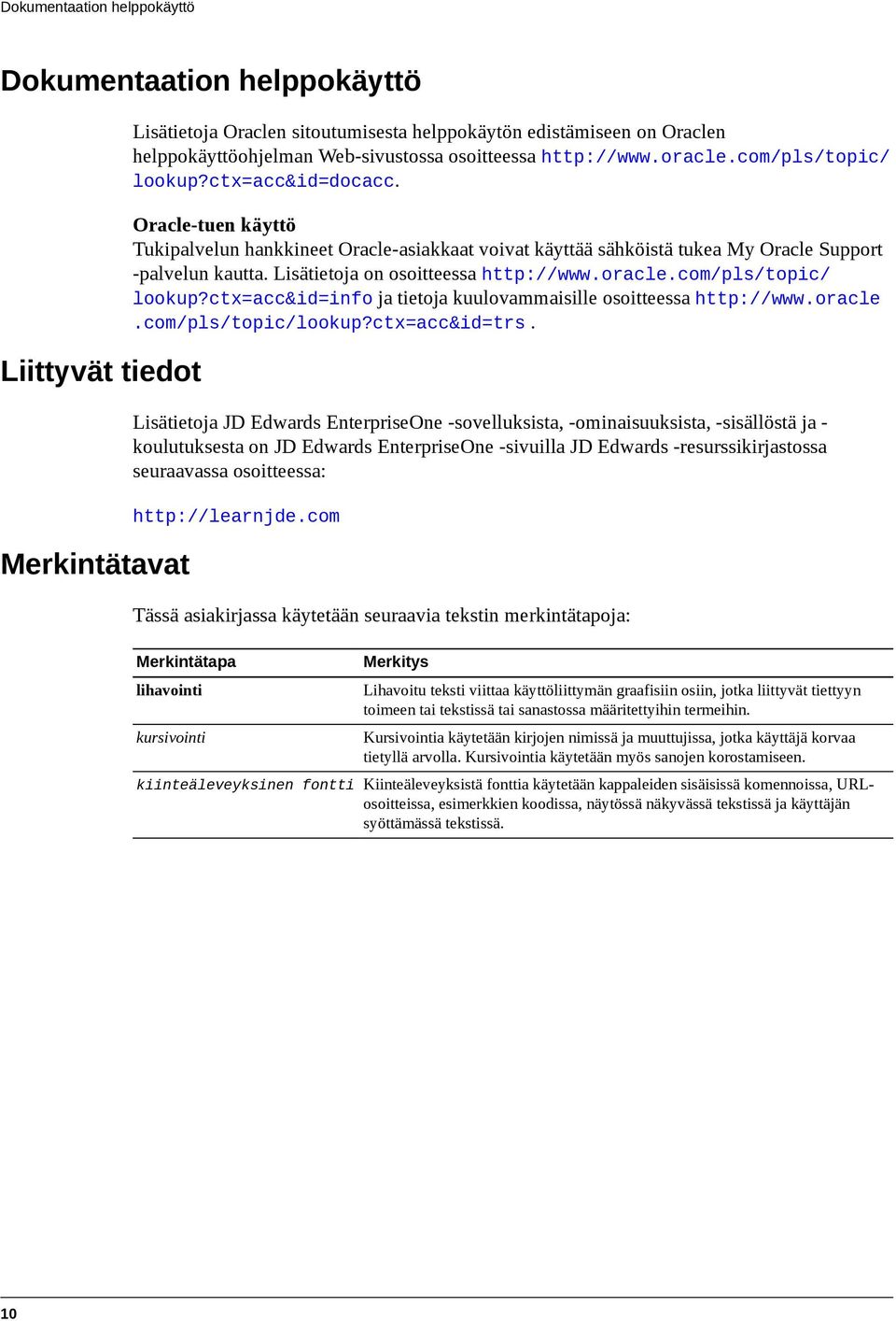 Lisätietoja on osoitteessa http://www.oracle.com/pls/topic/ lookup?ctx=acc&id=info ja tietoja kuulovammaisille osoitteessa http://www.oracle.com/pls/topic/lookup?ctx=acc&id=trs.