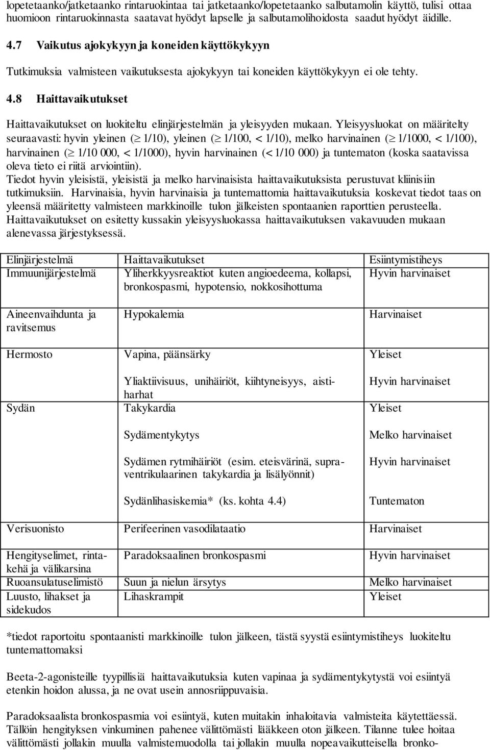 8 Haittavaikutukset Haittavaikutukset on luokiteltu elinjärjestelmän ja yleisyyden mukaan.