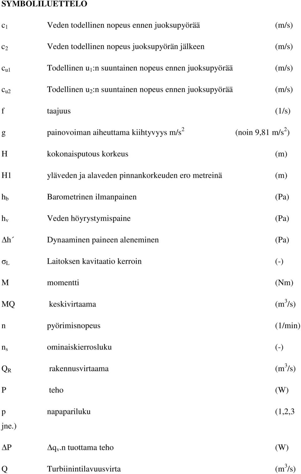 pinnankorkeuden ero metreinä (m) h b Barometrinen ilmanpainen (Pa) h v Veden höyrystymispaine (Pa) h Dynaaminen paineen aleneminen (Pa) σ L Laitoksen kavitaatio kerroin (-) M momentti (Nm) MQ