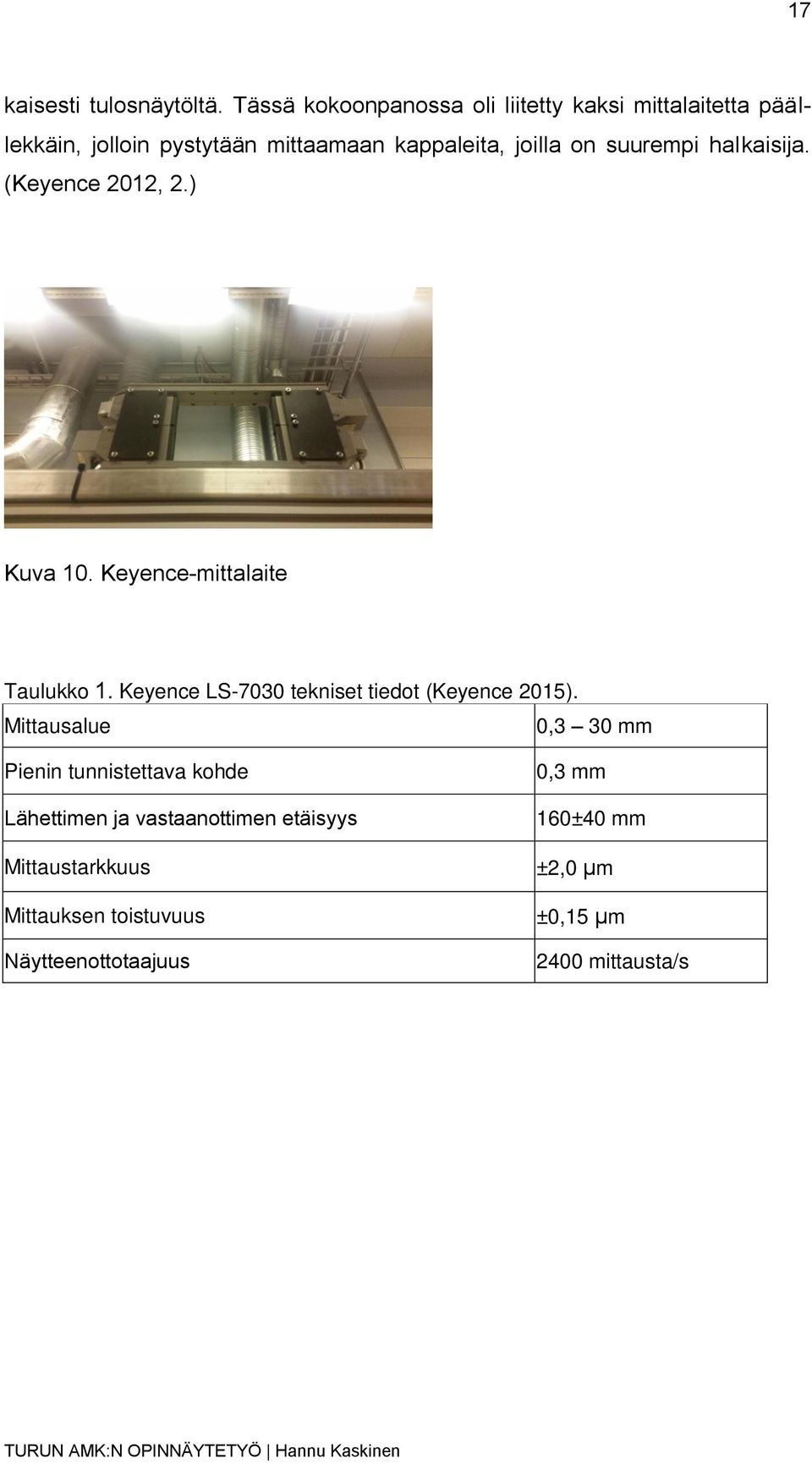 kappaleita, joilla on suurempi halkaisija. (Keyence 2012, 2.) Kuva 10. Keyence-mittalaite Taulukko 1.