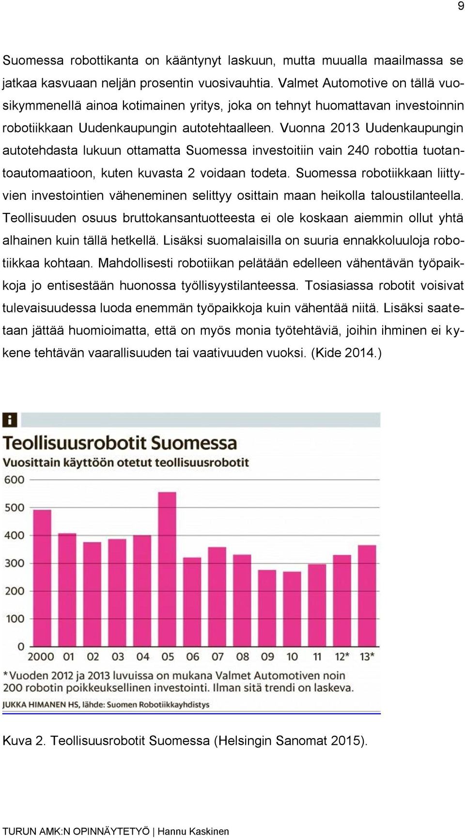 Vuonna 2013 Uudenkaupungin autotehdasta lukuun ottamatta Suomessa investoitiin vain 240 robottia tuotantoautomaatioon, kuten kuvasta 2 voidaan todeta.